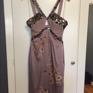 Mauve satin fitted midi dress